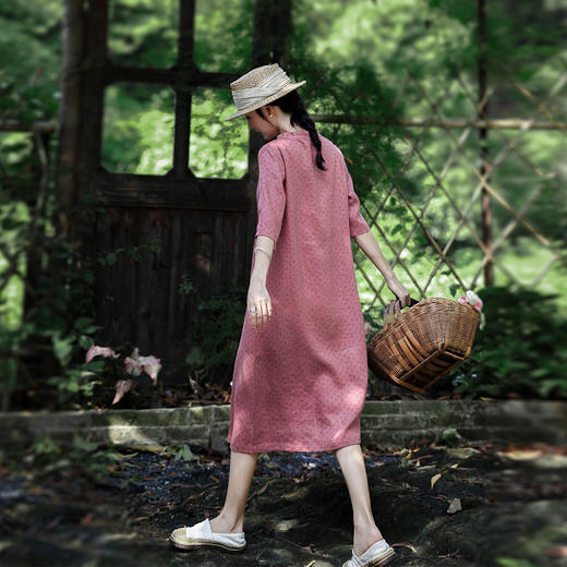 HMS454-1秋季新款复古文艺碎花亚麻连衣裙田园木耳边宽松五分袖A字裙 商品图3