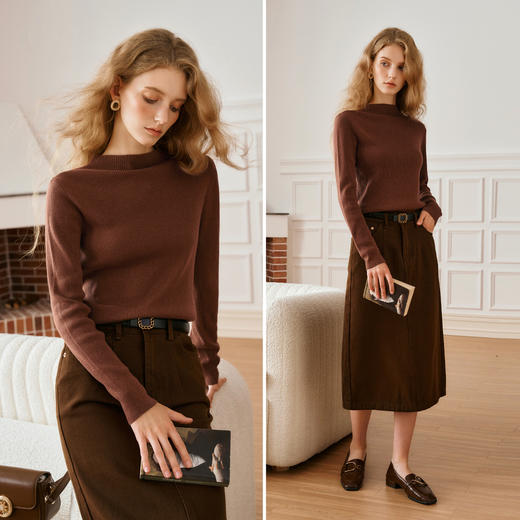 OLrain欧芮儿咖啡色长袖针织衫女秋季2024新款简约丝光羊毛打底衫 商品图1