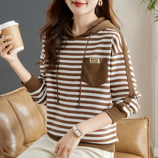雀说连帽条纹卫衣女新款爆款女装宽松上衣高端外套AL30086 商品图0