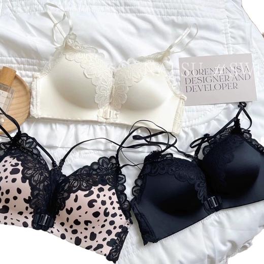 粉豹纹蕾丝内衣女 加厚显大小胸聚拢文胸 无钢圈舒适性感前扣式胸罩蕾丝美背内衣女 商品图3