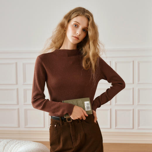OLrain欧芮儿咖啡色长袖针织衫女秋季2024新款简约丝光羊毛打底衫 商品图4