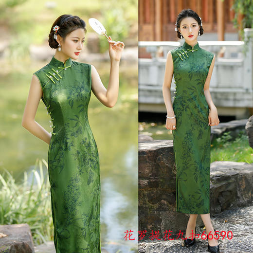 SYK66590 时尚改良新中式长款绿色无袖旗袍2024夏季新款年轻女士旗袍 商品图1