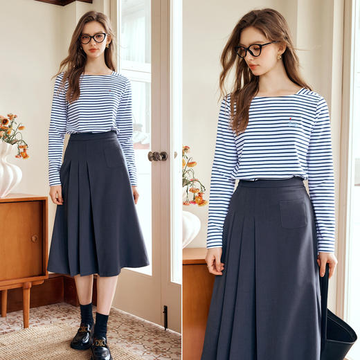 
OLrain欧芮儿条纹长袖T恤女秋季2024年新款设计感一字领休闲上衣 商品图3