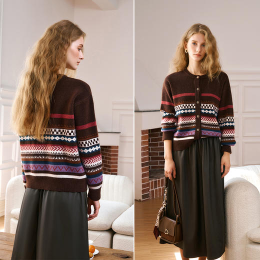 OLrain欧芮儿法式咖色毛衣女秋季2024年新款慵懒软糯提花针织开衫 商品图1