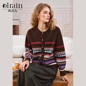 OLrain欧芮儿法式咖色毛衣女秋季2024年新款慵懒软糯提花针织开衫