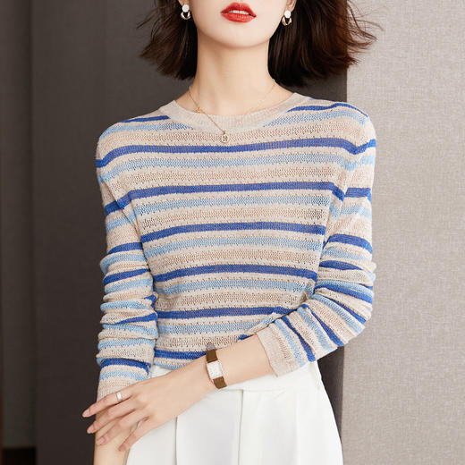 雀说新款镂空条纹针织衫防晒衣女装设计感洋气撞色拼接上衣AL37045 商品图3