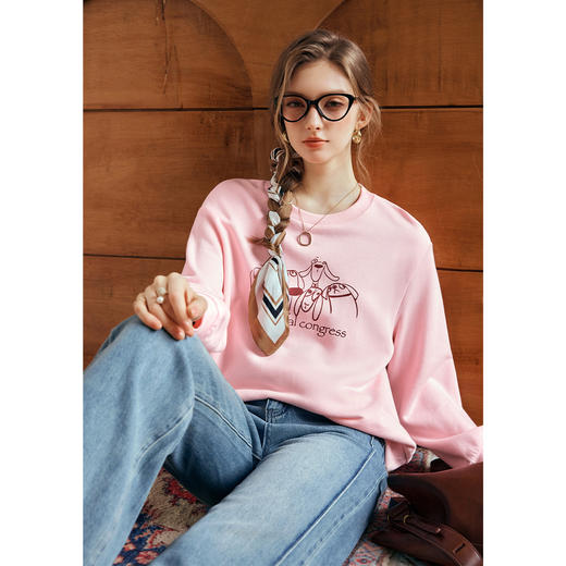 OLrain欧芮儿粉色套头卫衣女秋季2024年新款休闲宽松趣味印花上衣 商品图3