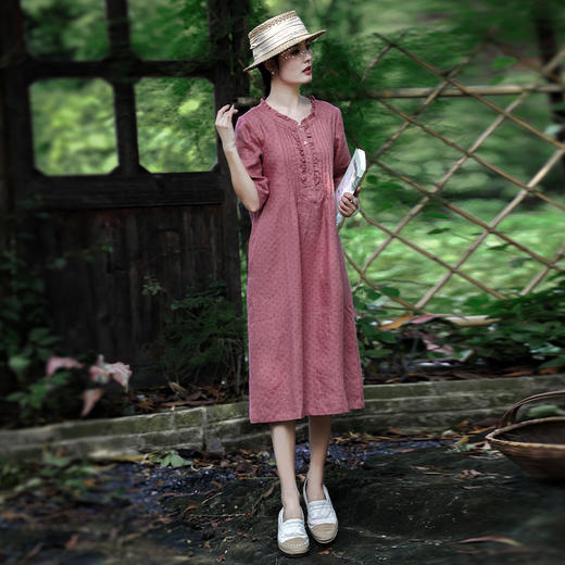 HMS454-1秋季新款复古文艺碎花亚麻连衣裙田园木耳边宽松五分袖A字裙 商品图2