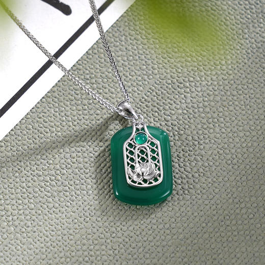 子佩集S925银【岁岁生莲】套链【DZ17579】纯银绿玉髓无事牌项链2408 商品图4