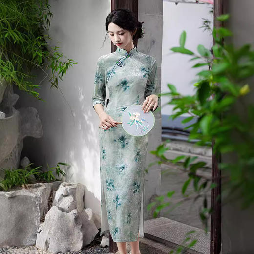长袖改良优雅，丝绒印花素雅旗袍GR3056 商品图0