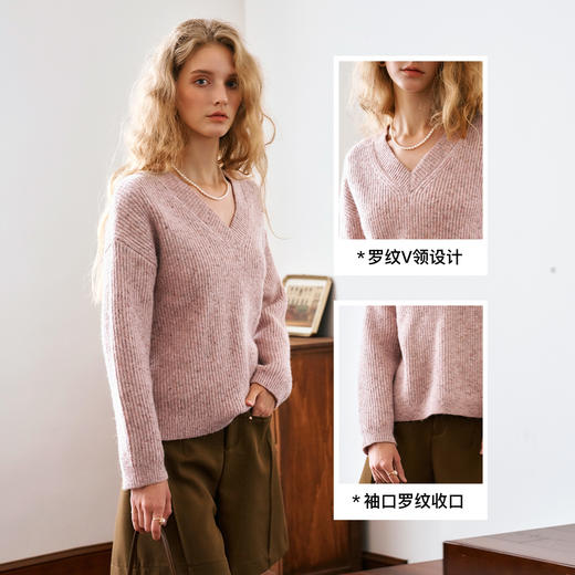 OLrain欧芮儿粉色V领毛衣女秋季2024新款慵懒风通勤宽松套头上衣 商品图2