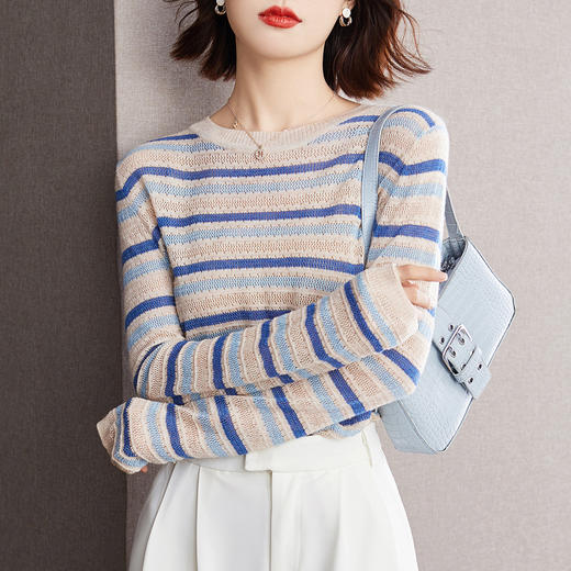 雀说新款镂空条纹针织衫防晒衣女装设计感洋气撞色拼接上衣AL37045 商品图0