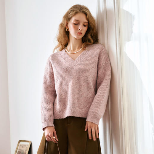 OLrain欧芮儿粉色V领毛衣女秋季2024新款慵懒风通勤宽松套头上衣 商品图3