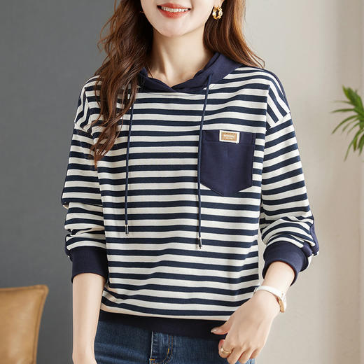 雀说连帽条纹卫衣女新款爆款女装宽松上衣高端外套AL30086 商品图1