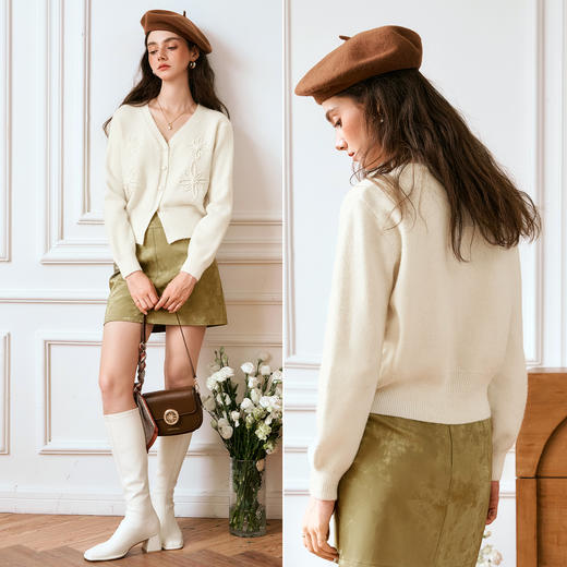 OLrain欧芮儿V领杏色毛衣女秋季2024年新款立体钩花田园风外套 商品图1