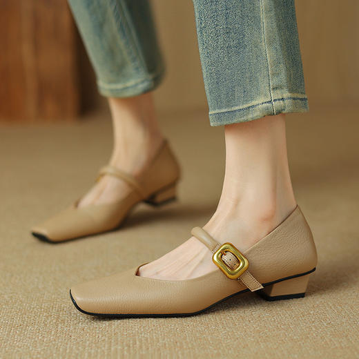 OLDA1038-10法式复古玛丽珍鞋女低跟方头一字扣带珍珠浅口单鞋棕色显瘦小皮鞋 商品图2