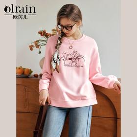 OLrain欧芮儿粉色套头卫衣女秋季2024年新款休闲宽松趣味印花上衣