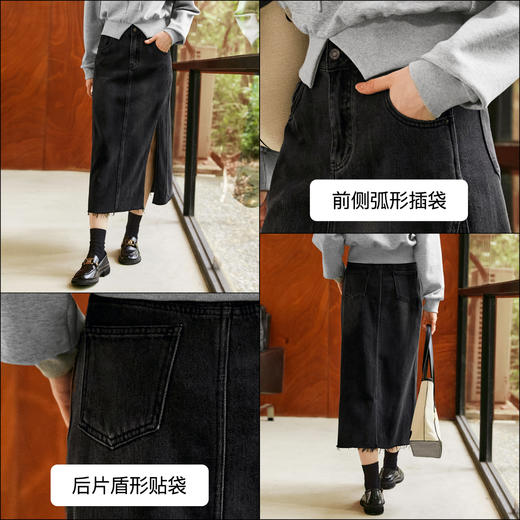 
OLrain欧芮儿黑色牛仔半身裙女早秋2024新款复古高腰直筒开衩半裙 商品图2