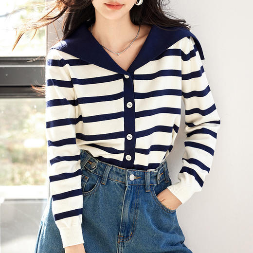 雀说海军领长袖针织开衫新款设计感小众撞色毛衣上衣外套AL17002 商品图4