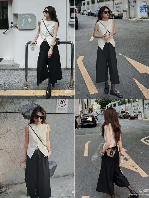 HIDEMI 【当当同款】极简显瘦手工边中高腰立体翻折设计感七分阔腿裤 深灰色/黑色/橄榄棕/奶油米白 商品图4