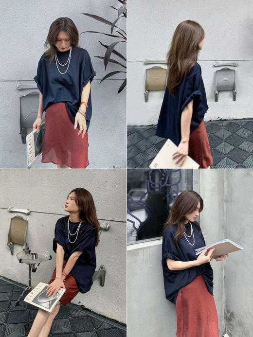 HIDEMI 极简法式松紧腰双层砂洗缎面中裙半身裙 复古黑/复古红/复古绿 商品图3