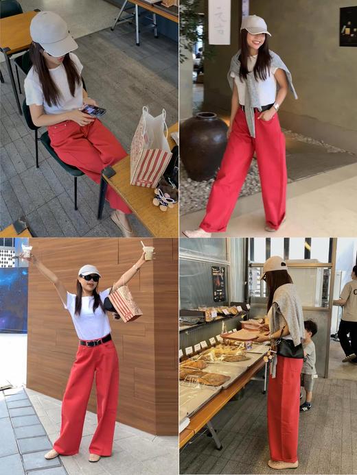 HIDEMI 复古红阔腿宽松中腰牛仔裤长裤 商品图1