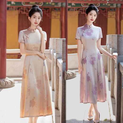 2024秋新款日常可穿时尚现代改良新中式丝光缎长款旗袍大摆裙SYK20968 商品图0