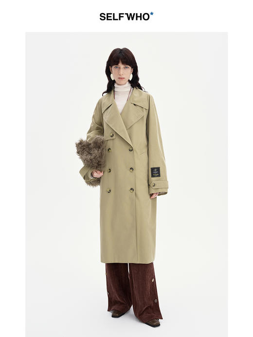 SELFWHO老钱风卡其色风衣外套女2024秋新款经典双排扣设计感大衣 商品图2