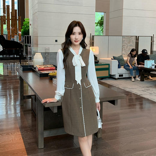 奢姿2025年春季新款大码女装撞色蝴蝶结绑带裙子胖妹妹法式连衣裙9943853513 商品图2