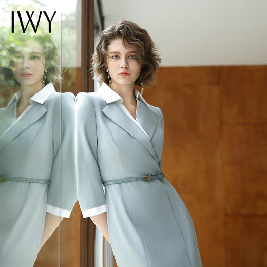 IWY/蓝色七分袖连衣裙艺考主持人讲师服饰通勤干练收腰显瘦职业裙Q14233 商品图4