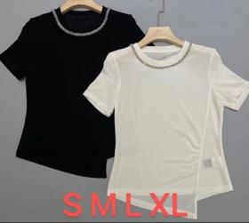 HJ2T38_皓色/漆黑色_T 恤_夏季_圆领水钻领边网纱透气不规则开叉显瘦通勤上衣_高级女装_BERNIEELEN 伯妮斯茵