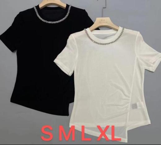HJ2T38_皓色/漆黑色_T 恤_夏季_圆领水钻领边网纱透气不规则开叉显瘦通勤上衣_高级女装_BERNIEELEN 伯妮斯茵 商品图0