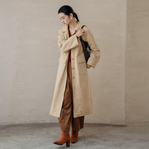 绽放743朵/西雅图风衣水果酵素洗汉麻棉翻领开襟系带复古长款外套 商品图1