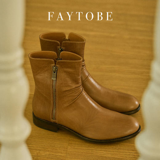 faytobe英伦风马丁靴秋时尚休闲复古胎牛皮褶皱粗跟短靴女士 商品图5