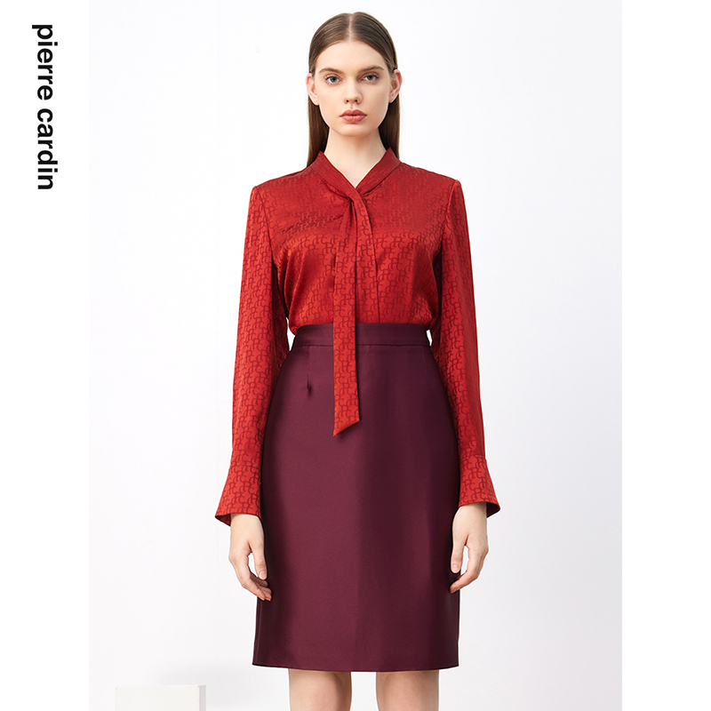 皮尔卡丹女装衬衫秋季时尚暗纹印花通勤飘带领衬衫P3322B3999C0
