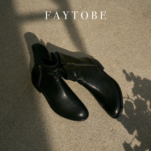 faytobe英伦风马丁靴秋时尚休闲复古胎牛皮褶皱粗跟短靴女士 商品图3
