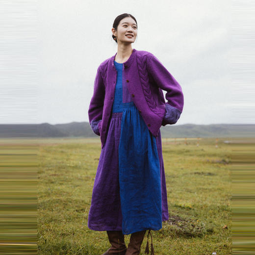 * 绽放旅行女装638朵/亚麻拼色蓝紫撞色打揽手工绣宽松长袖连衣裙 商品图3