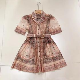 HJ2S99_水红色/如梦令色_连衣裙_夏季_衬衫领收腰腰带复古腰果花印花显瘦气质 A 字短裙_高级女装_BERNIEELEN 伯妮斯茵