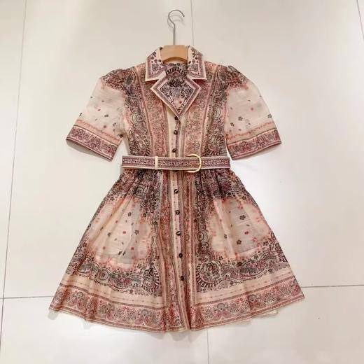 HJ2S99_水红色/如梦令色_连衣裙_夏季_衬衫领收腰腰带复古腰果花印花显瘦气质 A 字短裙_高级女装_BERNIEELEN 伯妮斯茵 商品图0