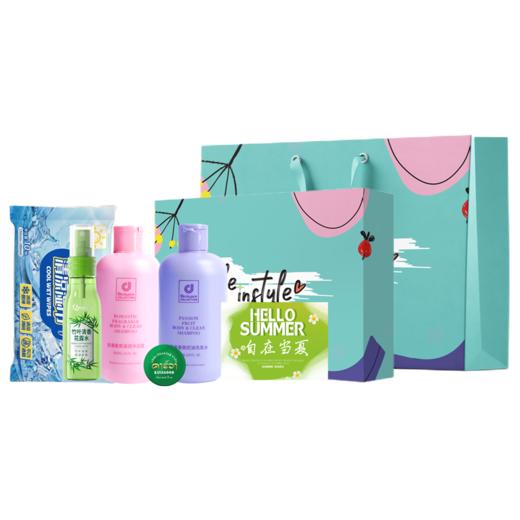 5件套香氛滋润洗发水300ml*1 香氛滋润沐浴露300ml*1 清润竹叶清香花露水50ml*1 泰国卡瓦库德薄荷膏3g*1 静默蜜语夏日礼盒*1 海氏海诺清凉湿巾10抽*1 手提袋*1 精美贺卡*1 商品图0