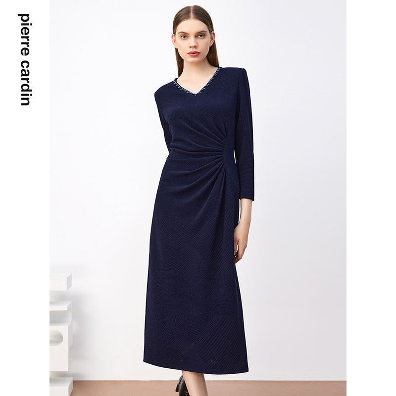 皮尔卡丹女装连衣裙秋季时尚设计褶皱通勤修身连衣裙P3310E3986L0
