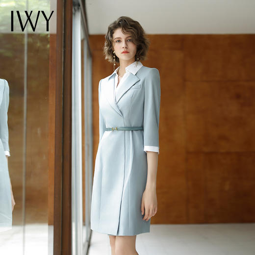 IWY/蓝色七分袖连衣裙艺考主持人讲师服饰通勤干练收腰显瘦职业裙Q14233 商品图0