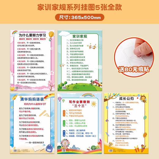 【挂图5张全款 送无痕贴】家规家训挂画挂图墙贴好孩子自律客厅励志家庭教育风完整版语录牌 商品图1