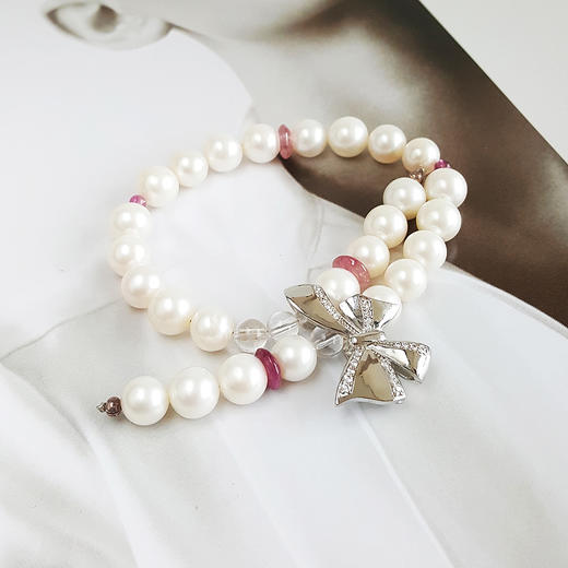 【天然正品】S925银设计师款蝴蝶结扣子配约7.5-8.0MM天然珍珠手链现售价：880！特价160824NJ11 商品图2