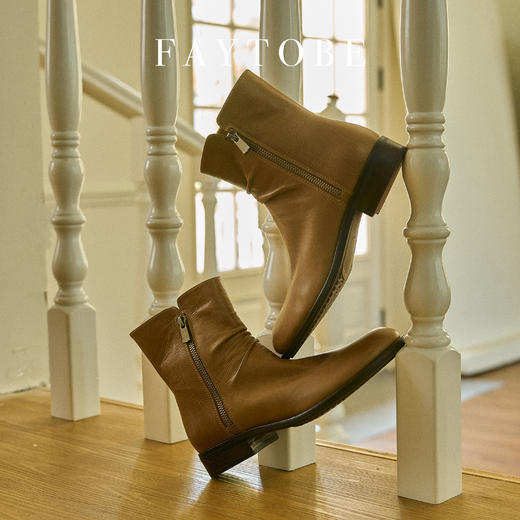 faytobe英伦风马丁靴秋时尚休闲复古胎牛皮褶皱粗跟短靴女士 商品图8