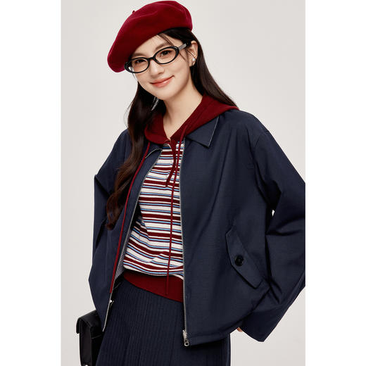 【严选】【双面可穿】诗凡黎藏青色短款外套2024秋韩版休闲宽松运动风夹克7F9310101 商品图0