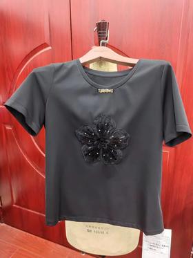 HJ2T02_漆黑色_T 恤_夏季_圆领短袖立体花朵刺绣显瘦百搭通勤上衣_高级女装_BERNIEELEN 伯妮斯茵