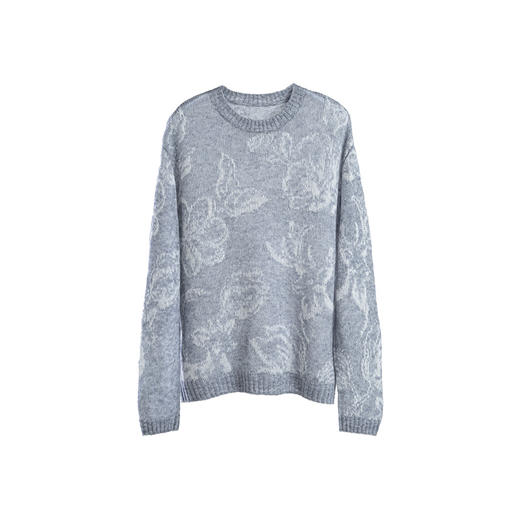 绽放旅行女装555朵/早秋圆领细腻花纹微透感宽松舒适灰色套头毛衫 商品图4