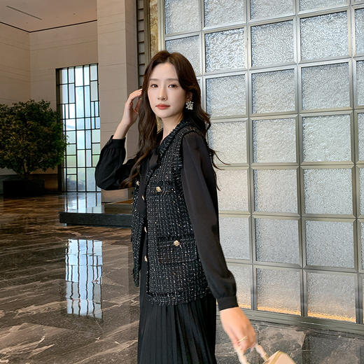 奢姿2025年秋季新款大码女装胖妹妹小香风马夹百褶连衣裙穿搭套装9943326567 商品图4