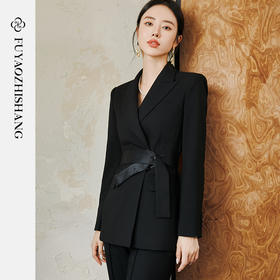 FUYAO扶摇 羊毛戗驳领西装外套女2024秋冬斜纹肌理感提花拼接西服